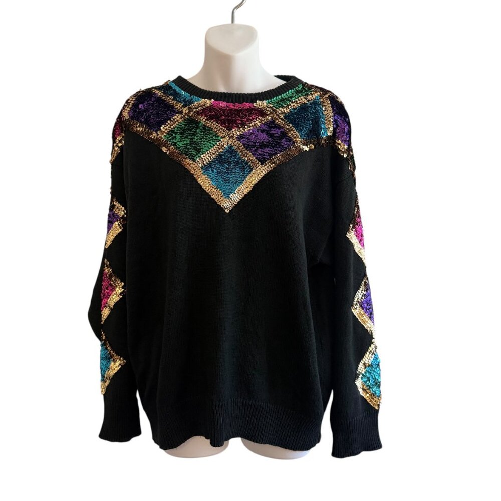 Vintage RAVE Black Harlequin Sequin Sweater | Size L - Picture 3 of 10